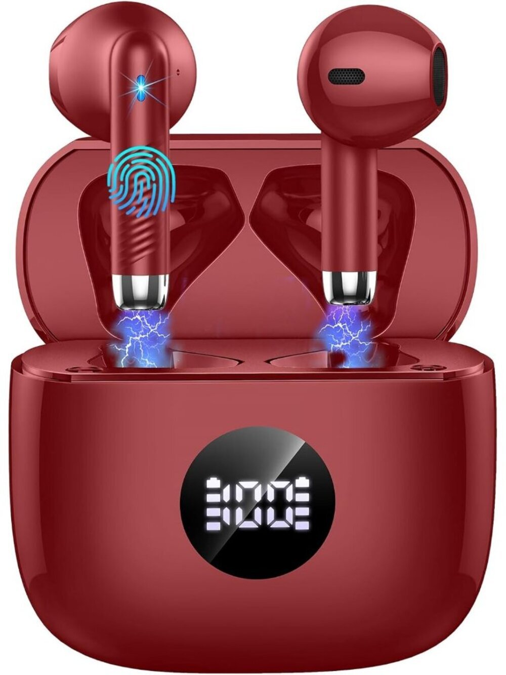 Wireless Wine Red LED Power Display Bass Stereo 40H Playback Bluetooth Earbud